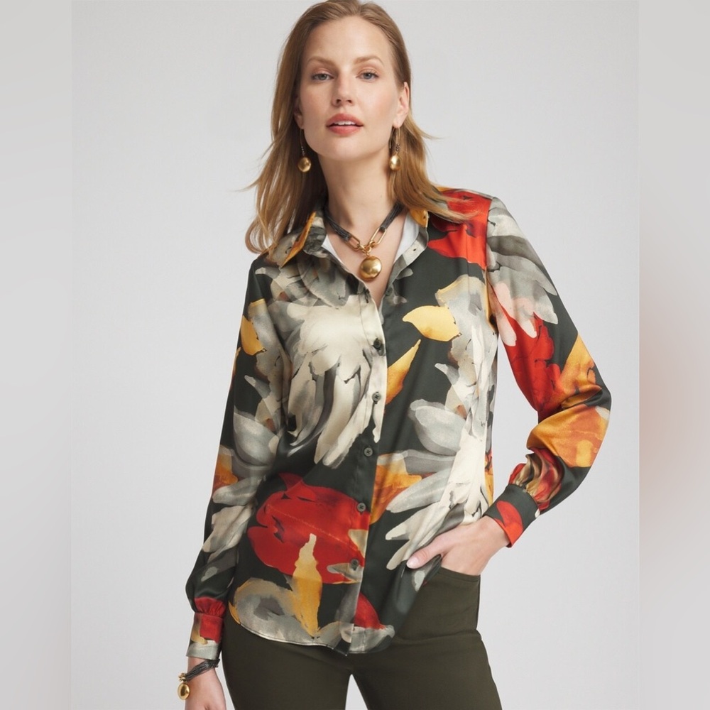 Chico’s Floral Faux Silk Button Front Blouse
